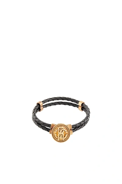 Shop Roberto Cavalli Braided Leather Bracelet In Black
