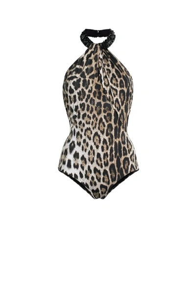 Shop Roberto Cavalli Bead Embellished Jaguar Print Swimsuit In Neutrals
