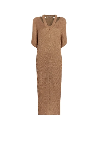 Shop Roberto Cavalli Gold Tone Lurex Rib Knit Dress In Brown