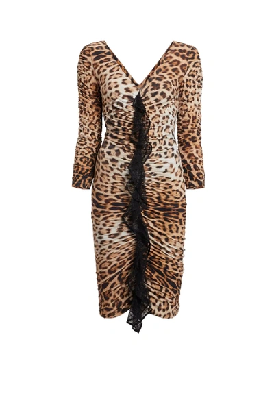 Shop Roberto Cavalli Heritage Jaguar Print Ruched Dress In Neutrals