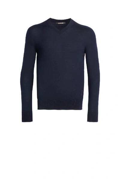 Shop Roberto Cavalli Midnight V Neck Wool Sweater In Blue