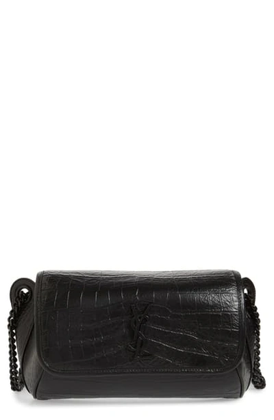 Shop Saint Laurent Niki Croc Embossed Leather Shoulder Bag In Noir