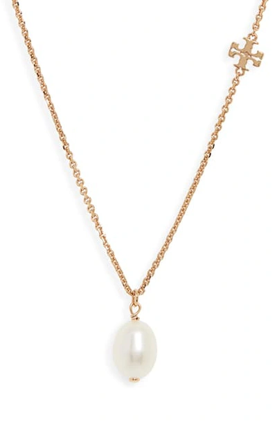 Shop Tory Burch Logo Pearl Pendant Necklace In Tory Gold / Pearl