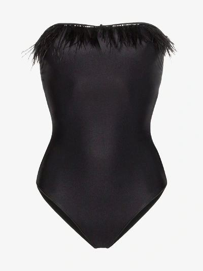 Shop Oseree Black Plumage Strapless Feather Swimsuit