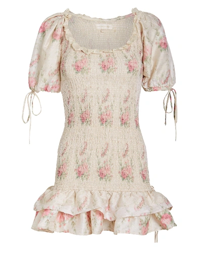 Shop Loveshackfancy Violet Smocked Silk Mini Dress In Multi