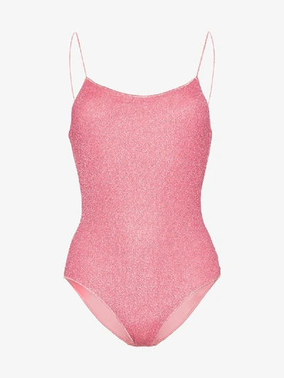 Shop Oseree Lumiere Sparkly Low Back Swimsuit In Pink
