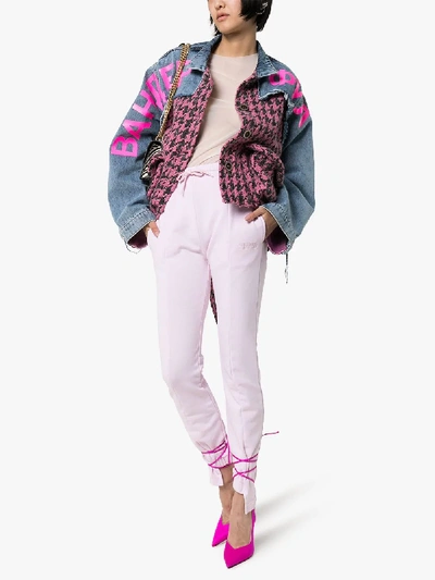 Shop Natasha Zinko Houndstooth Panel Denim Combo Jacket In Pink/ Light Washed