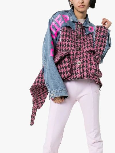 Shop Natasha Zinko Houndstooth Panel Denim Combo Jacket In Pink/ Light Washed