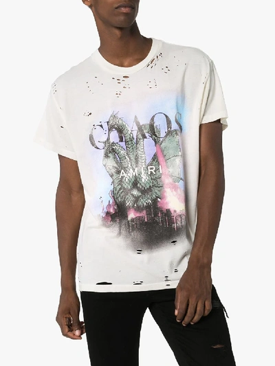 Shop Amiri Chaos Logo Print Distressed Cotton T-shirt In White