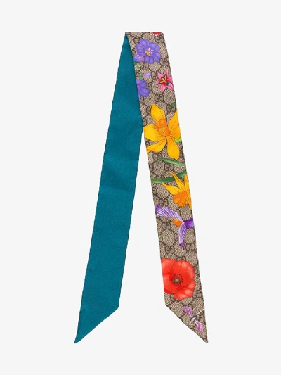 Shop Gucci Multicoloured Gg Floral Print Silk Scarf In Blue