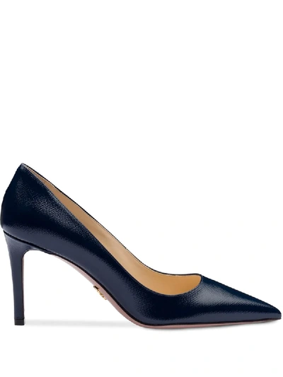 Shop Prada Saffiano Textured Patent Leather Pumps In Blue