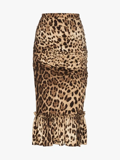 Shop Dolce & Gabbana Leopard Print Silk Pencil Skirt In Brown
