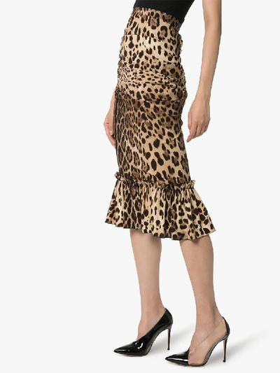 Shop Dolce & Gabbana Leopard Print Silk Pencil Skirt In Brown