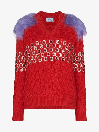 Shop Prada Womens Red Rhinestone Embellished Sweater