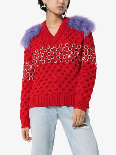 Shop Prada Womens Red Rhinestone Embellished Sweater