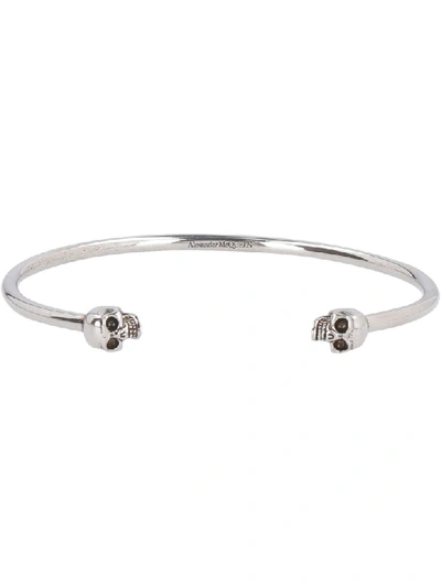 Shop Alexander Mcqueen Twin Skull Brass Bracelet In Silver