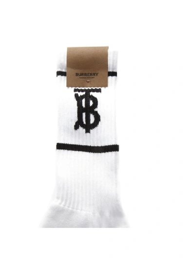 Shop Burberry White And Black Blend Cotton Socks With Logo