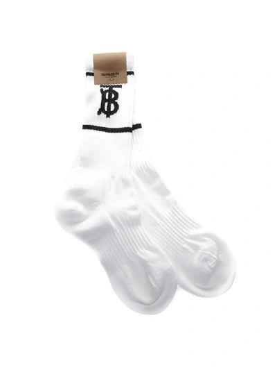 Shop Burberry White And Black Blend Cotton Socks With Logo