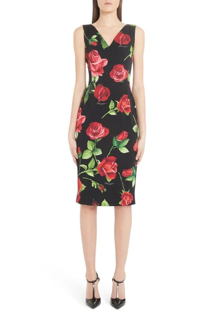 Shop Dolce & Gabbana Rose Print Stretch Silk Sheath Dress In Rose Black