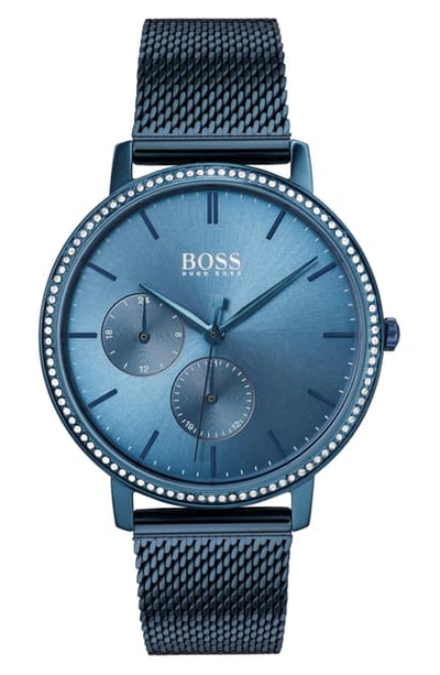 Shop Hugo Boss Infinity Ultra Slim Pave Crystal Mesh Strap Watch, 35mm In Blue