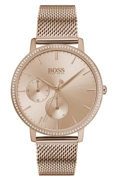 Shop Hugo Boss Infinity Ultra Slim Pave Crystal Mesh Strap Watch, 35mm In Carnation Gold