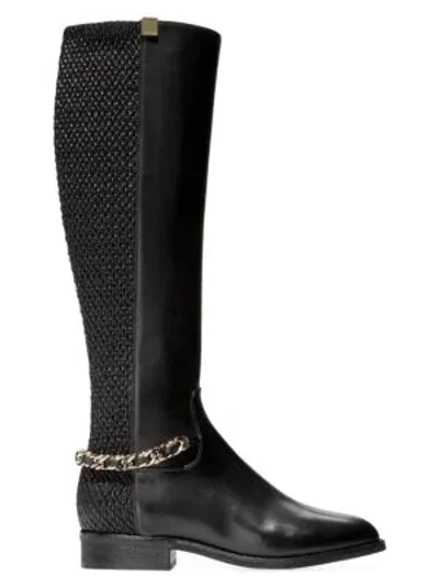Shop Cole Haan Idina Chain Stretch-leather Riding Boots In Black