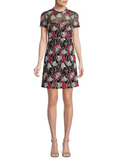 Shop Valentino Fishnet Floral Short-sleeve Dress In Nero