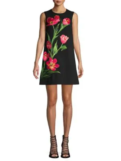 Shop Dolce & Gabbana Stretch Virgin-wool Floral Mini Dress In Black