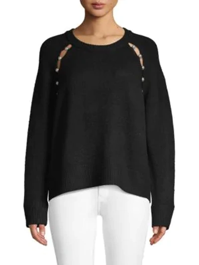 Shop Alice And Olivia Jolynn Faux-pearl Trim Raglan-sleeve Sweater In Black