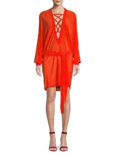 Shop Balmain Lace-up Shift Dress In Orange