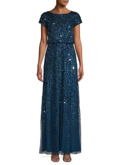 Shop Adrianna Papell Sequin Short-sleeve Gown In Deep Blue