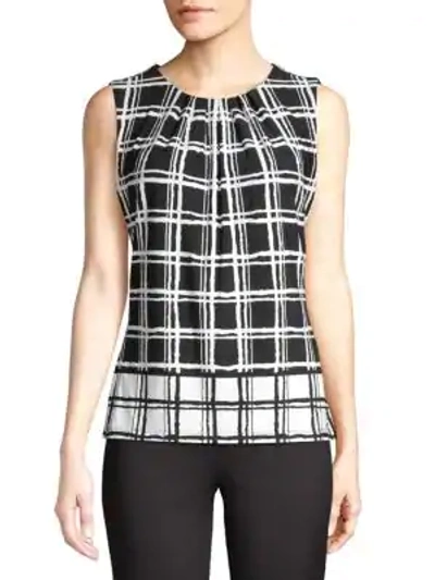 Shop Calvin Klein Collection Sleeveless Pleated Grid Print Top In Black White