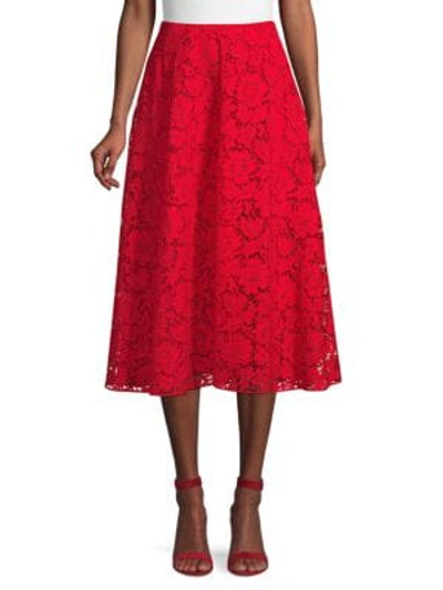 Shop Valentino Lace Cotton-blend Knee-length Skirt In Red