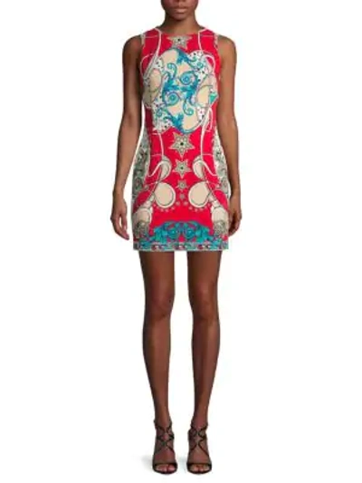 Shop Versace Mixed-print Cotton-blend Sheath Dress In Red Multi