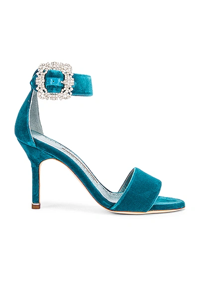 Shop Manolo Blahnik Sanghal 90 Velvet Sandal In Turquoise