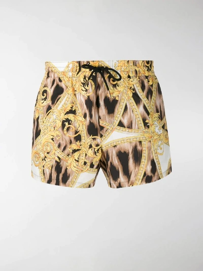 Shop Versace Barocco Leopard Swim Shorts In Black