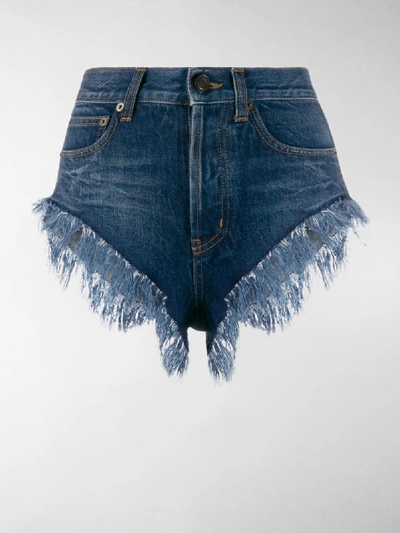 Shop Saint Laurent Fringed Short Denim Shorts In Blue