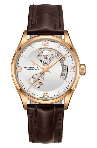 Shop Hamilton Jazzmaster Open Heart Automatic Leather Strap Watch, 42mm In Brown/ Silver/ Gold
