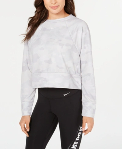 Shop Nike Women's Dri-fit Camo Fleece Training Top In Wolf Grey