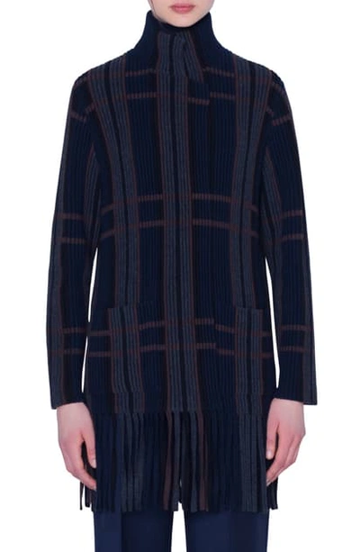 Shop Akris Fringe Trim Plaid Jacquard Cashmere & Silk Cardigan In Navy-multicolor