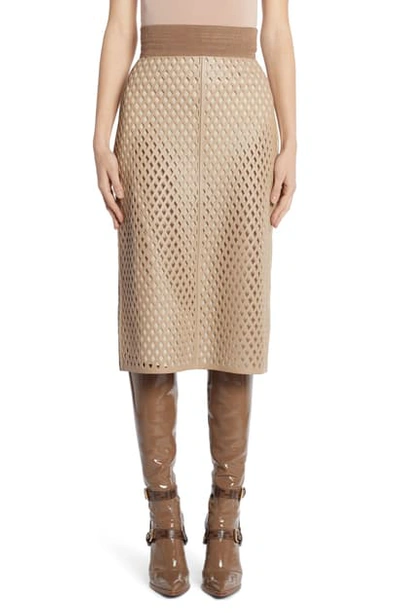 Shop Fendi Leather Mesh Pencil Skirt In Beige