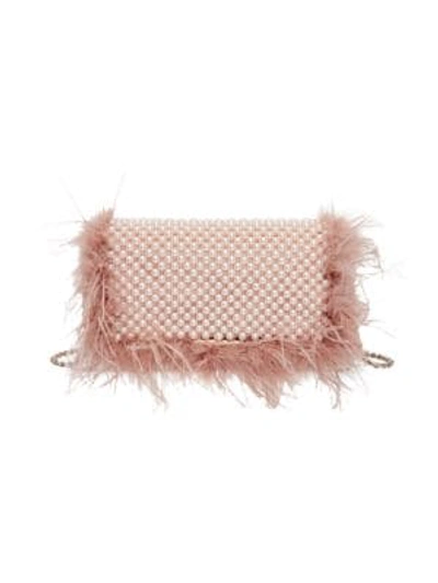 Shop Loeffler Randall Mimi Feather-trimmed Beaded Clutch In Blush