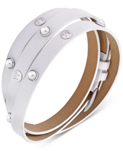 Shop Majorica Stainless Steel Imitation Pearl Leather Wrap Bracelet In White