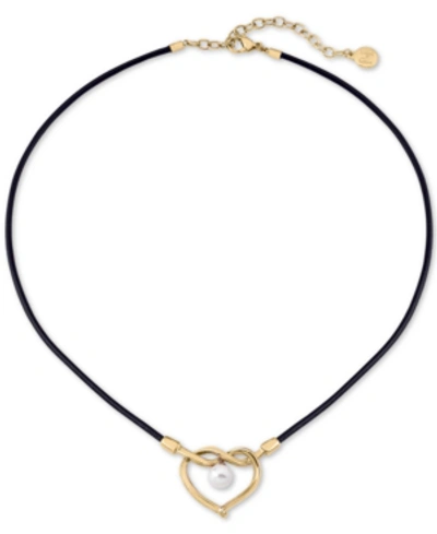 Shop Majorica Gold-tone Stainless Steel & Imitation Pearl Heart Leather Cord Pendant Necklace, 15" + 3" Extender In Black