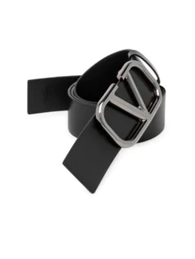 Shop Valentino Men's V Logo Leather Belt In Gunmetal