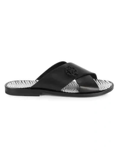Shop Roberto Cavalli Crisscross Leather Slides In Black