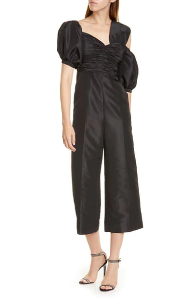 Shop Self-portrait Asymmetrical Neck Taffeta Crop Jumpsuit In Black