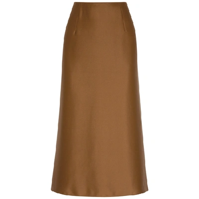 Shop Vince Brown Bias-cut Silk Satin Midi Skirt In Copper