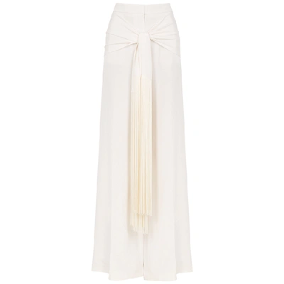 Shop Stella Mccartney Ivory Fringed Wide-leg Silk Trousers In Natural