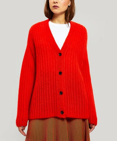 Shop Marni Oversized Knitted Mohair-blend Cardigan In Red